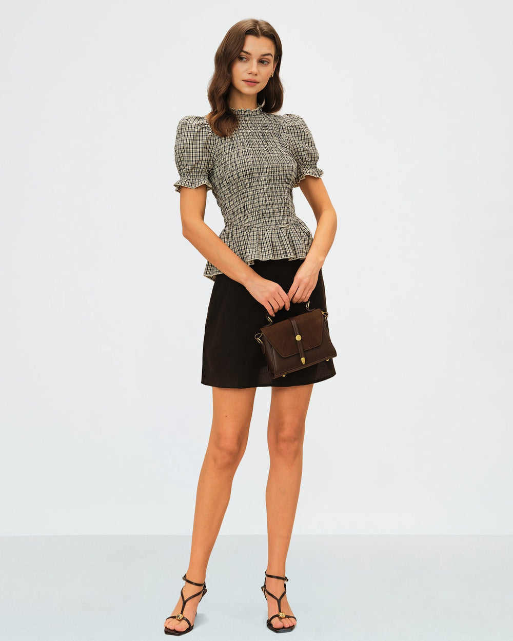 Apricot Lantern Sleeve Shirred Plaid Tee | Rihoas