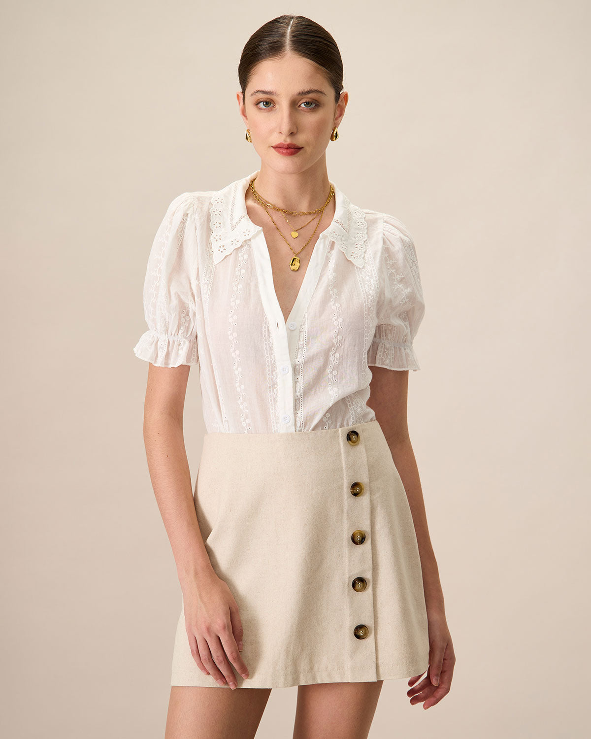 Women's White Collared Lace Embroidery Cotton Blouse | Rihoas