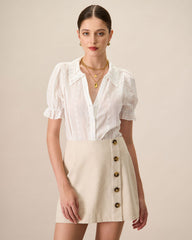Women's White Collared Lace Embroidery Cotton Blouse | Rihoas