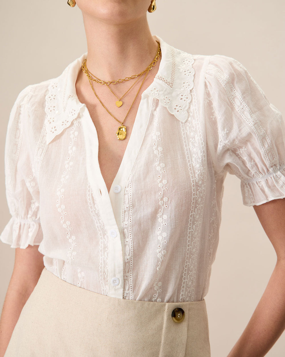 Women's White Collared Lace Embroidery Cotton Blouse | Rihoas