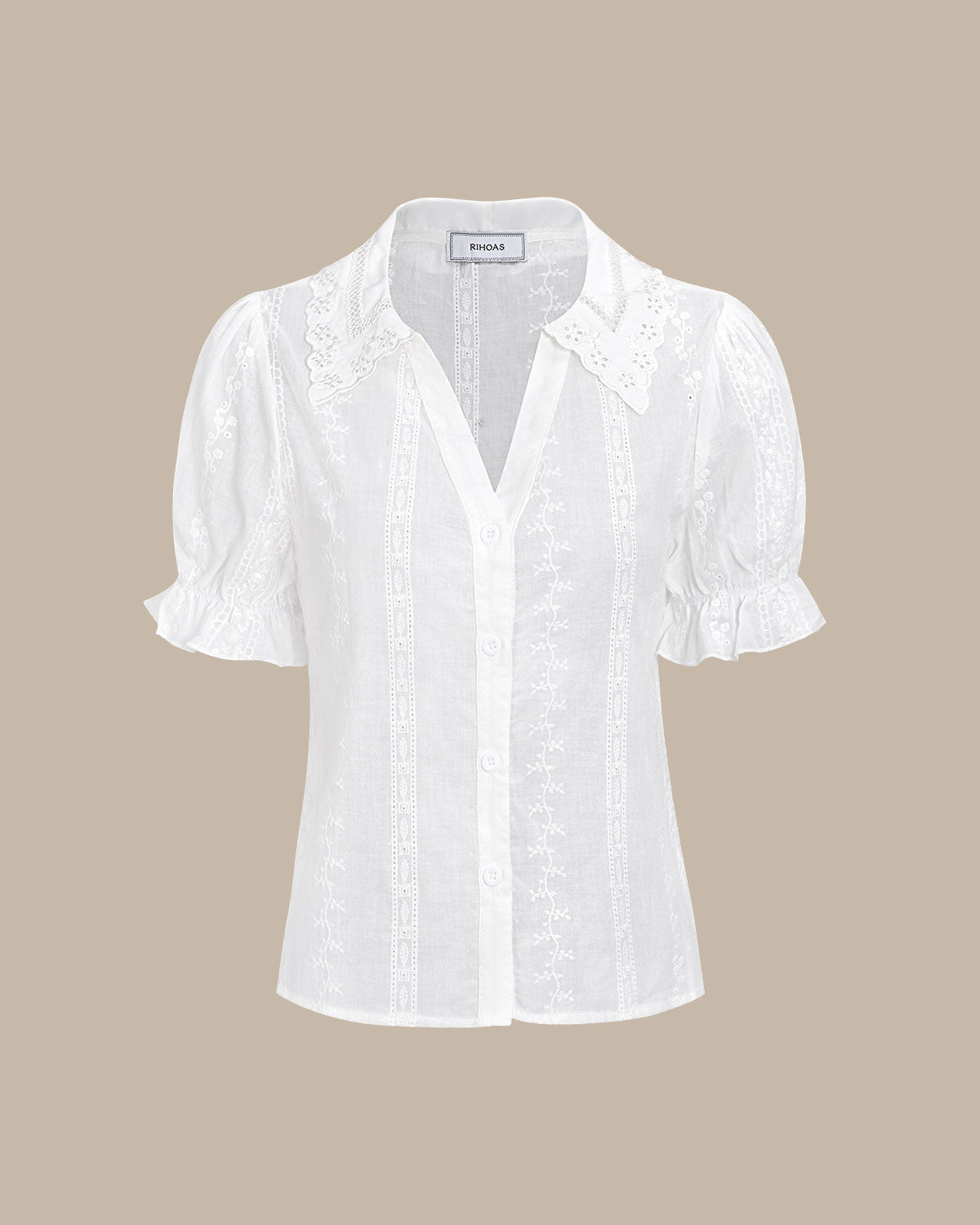 Women's White Collared Lace Embroidery Cotton Blouse | Rihoas