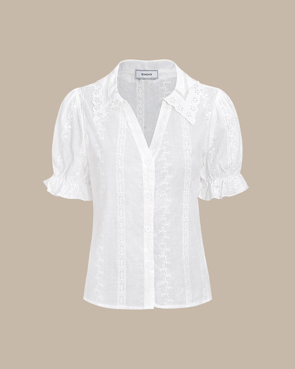 Women's White Collared Lace Embroidery Cotton Blouse | Rihoas