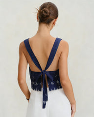 Blue Embroidery Contrasting Tank Top | Rihoas