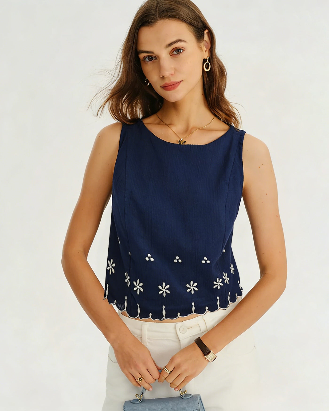 Blue Embroidery Contrasting Tank Top | Rihoas