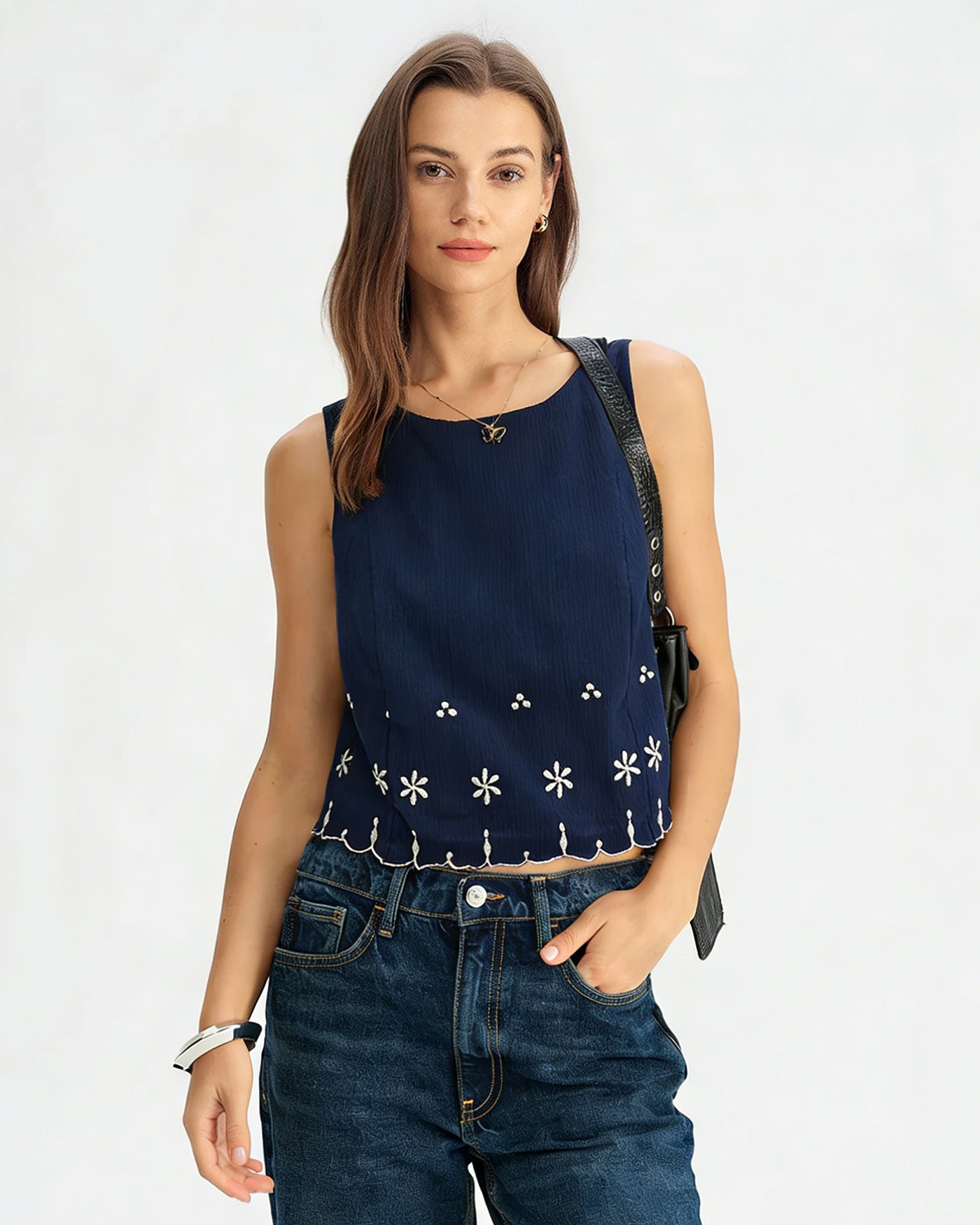 Blue Embroidery Contrasting Tank Top | Rihoas