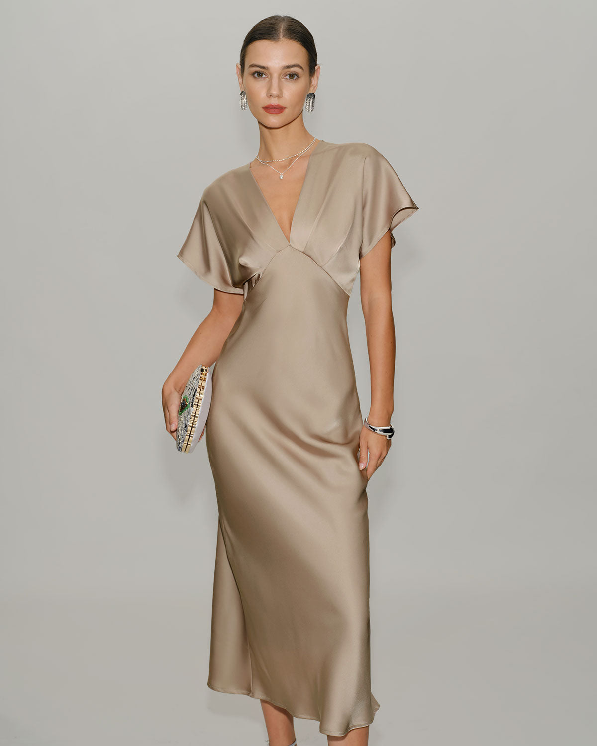 Apricot Satin V Neck A-Line Midi Dress | Rihoas