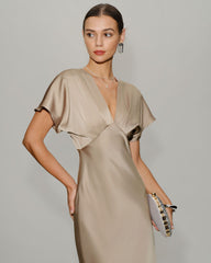 Apricot Satin V Neck A-Line Midi Dress | Rihoas