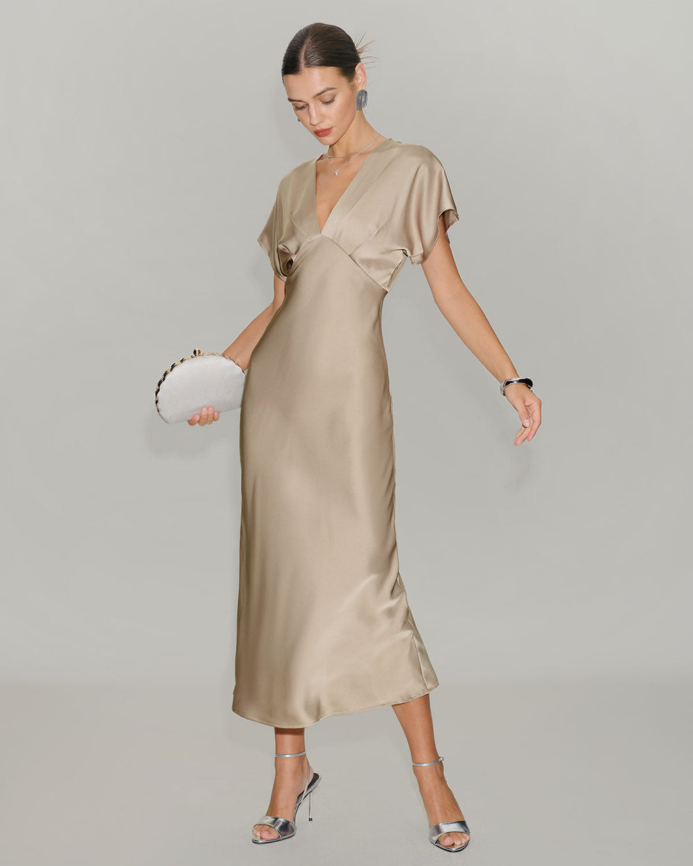 Apricot Satin V Neck A-Line Midi Dress | Rihoas