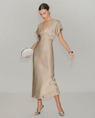 Apricot Satin V Neck A-Line Midi Dress | Rihoas
