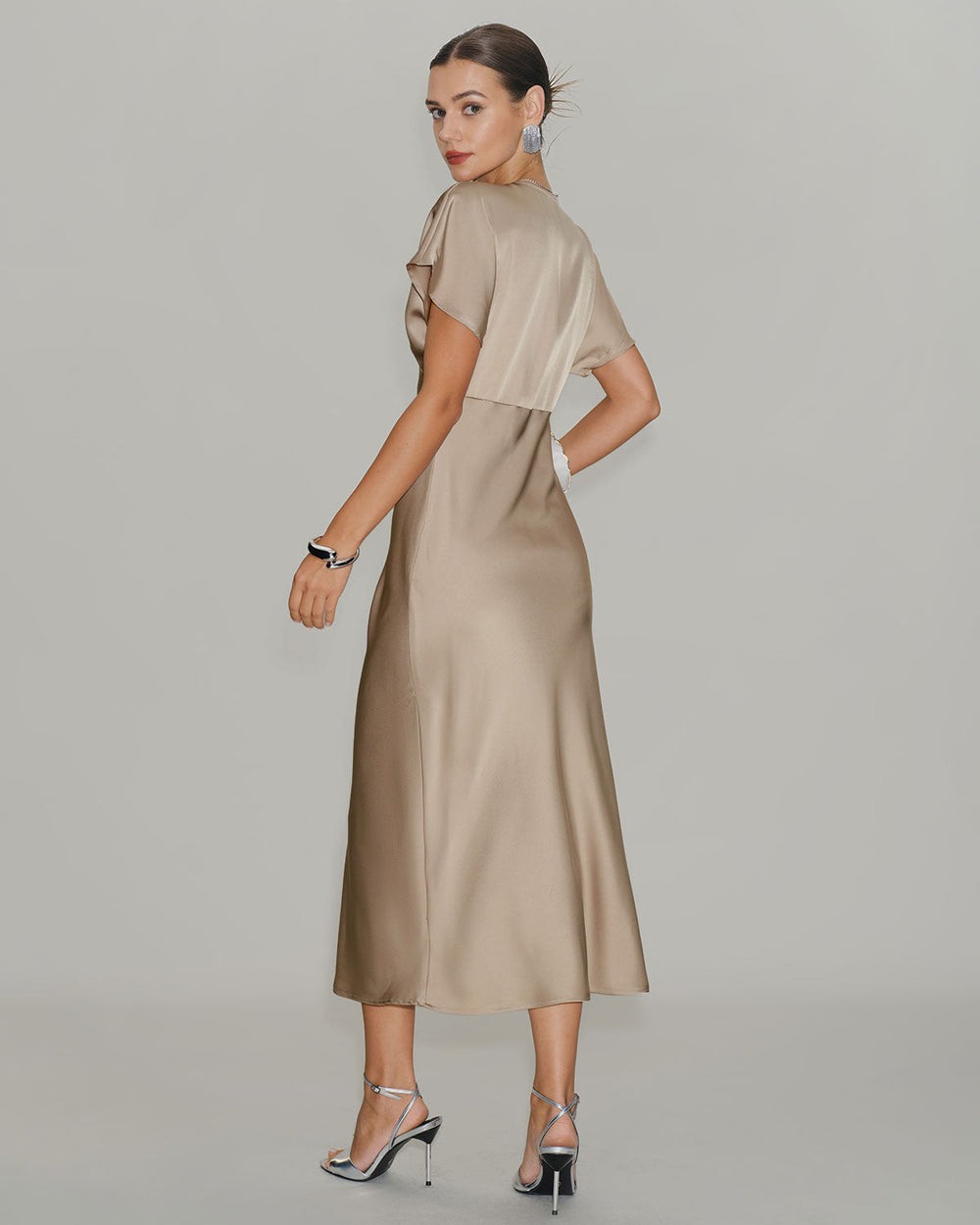 Apricot Satin V Neck A-Line Midi Dress | Rihoas