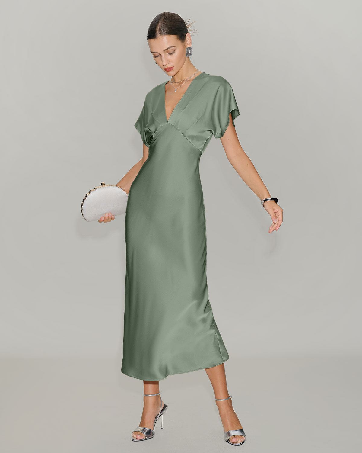 Green Satin V Neck A-Line Midi Dress | Rihoas