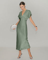 Green Satin V Neck A-Line Midi Dress | Rihoas