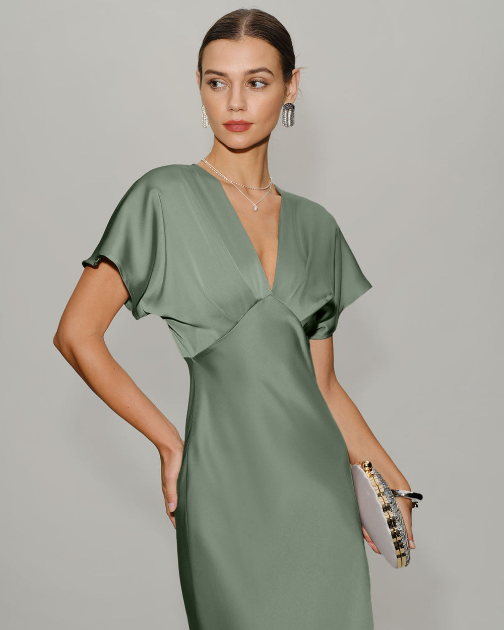 Green Satin V Neck A-Line Midi Dress | Rihoas