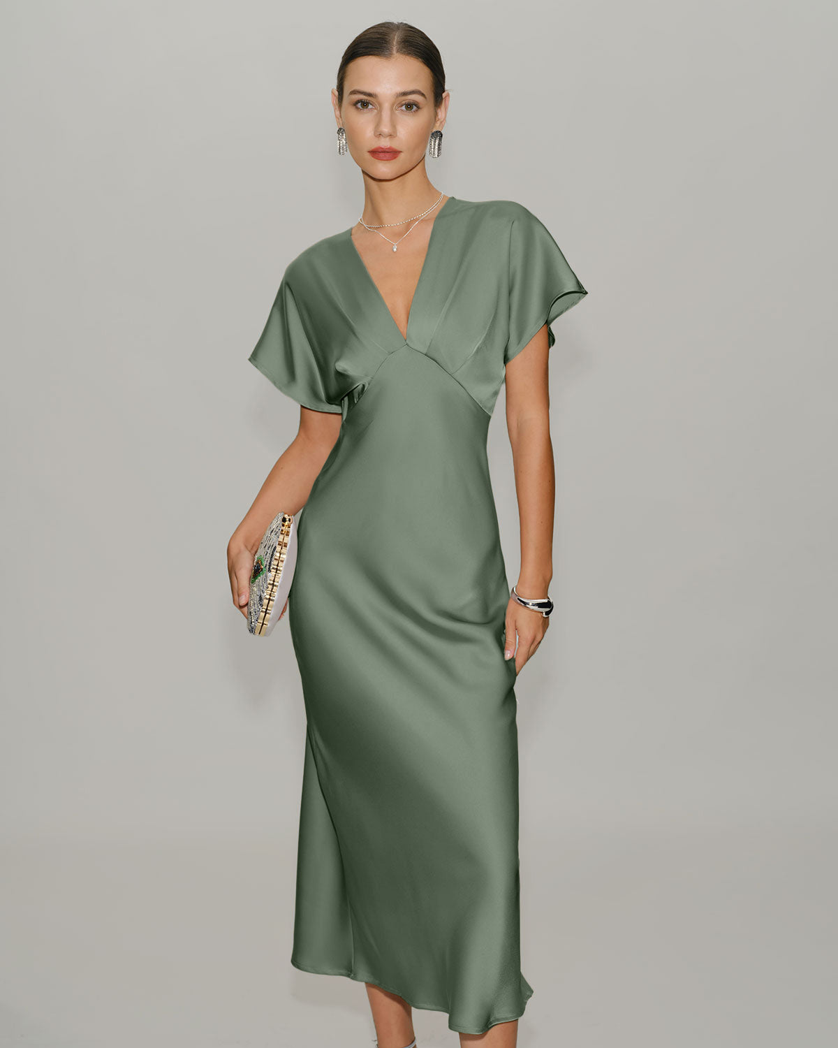 Green Satin V Neck A-Line Midi Dress | Rihoas