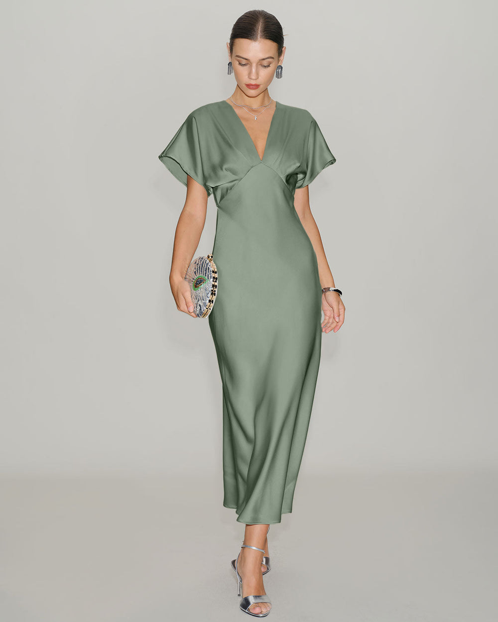 Green Satin V Neck A-Line Midi Dress | Rihoas