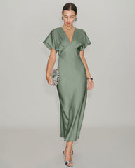 Green Satin V Neck A-Line Midi Dress | Rihoas