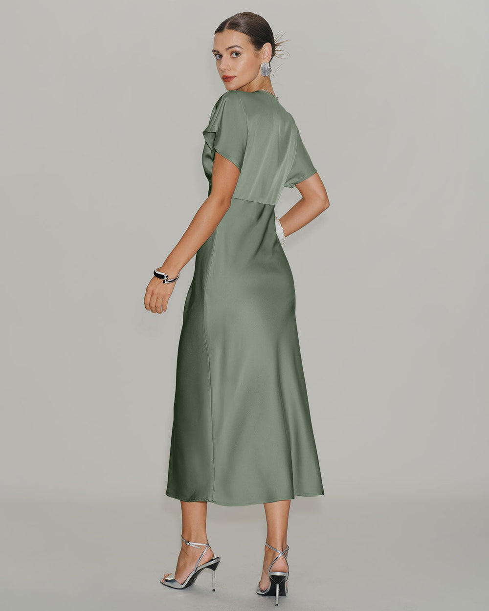 Green Satin V Neck A-Line Midi Dress | Rihoas