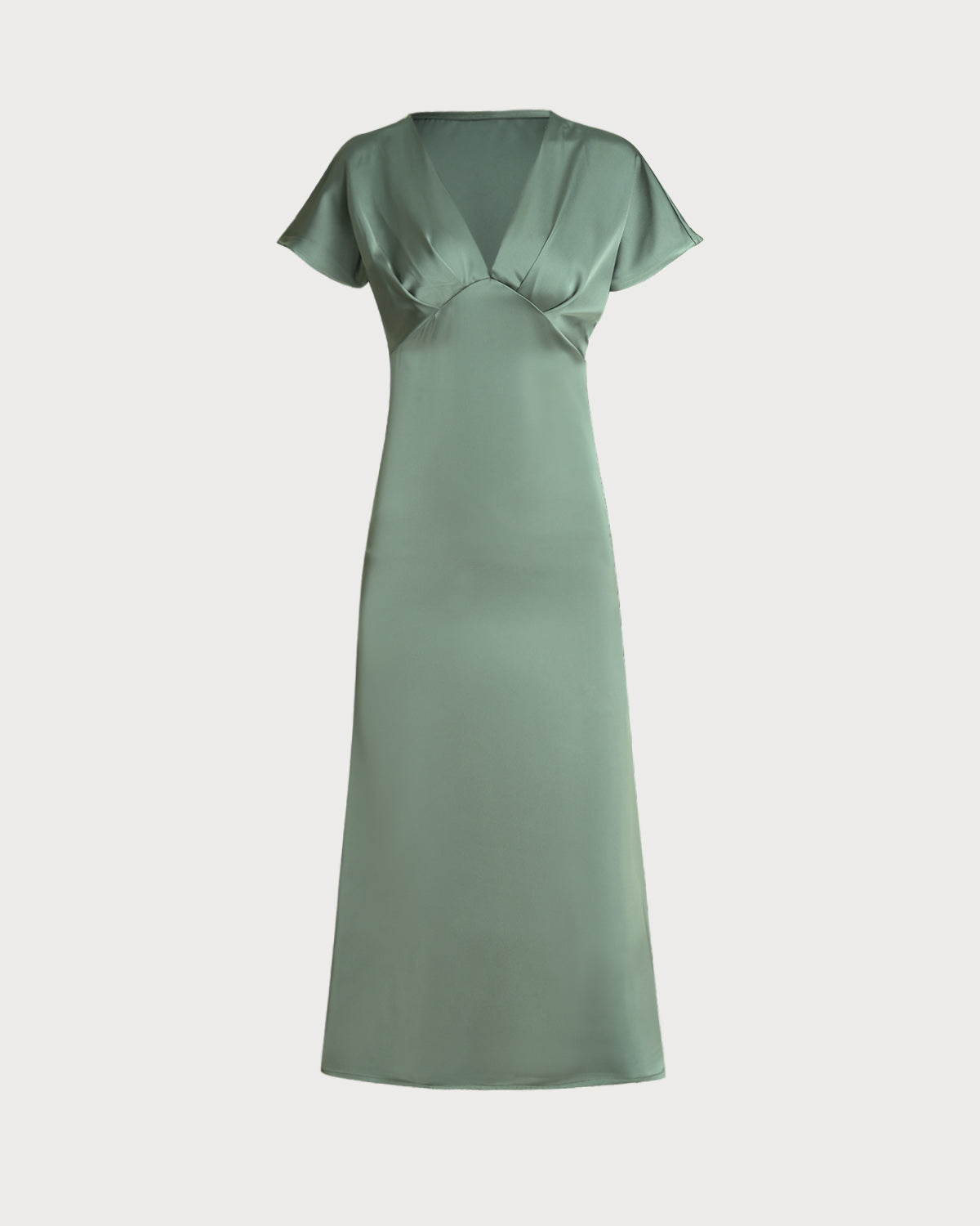 Green Satin V Neck A-Line Midi Dress | Rihoas