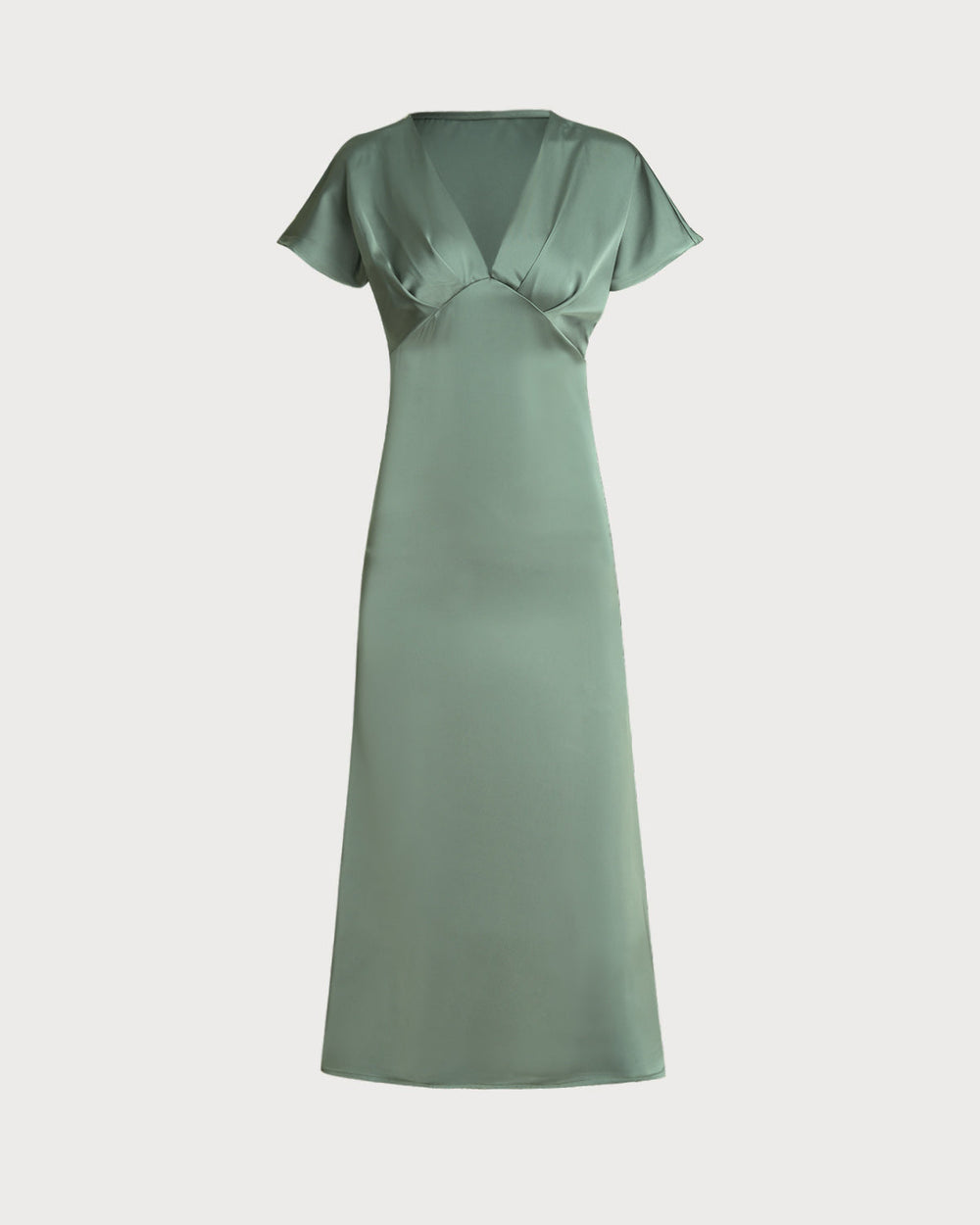 Green Satin V Neck A-Line Midi Dress | Rihoas