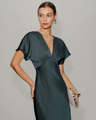 Green Satin Cowl Sleeve Midi Dress | Rihoas