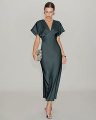 Green Satin Cowl Sleeve Midi Dress | Rihoas