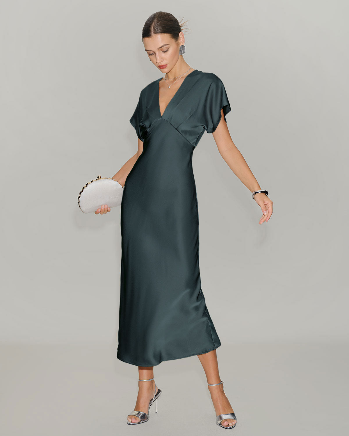 Green Satin Cowl Sleeve Midi Dress | Rihoas