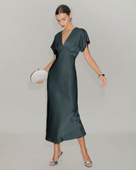 Green Satin Cowl Sleeve Midi Dress | Rihoas