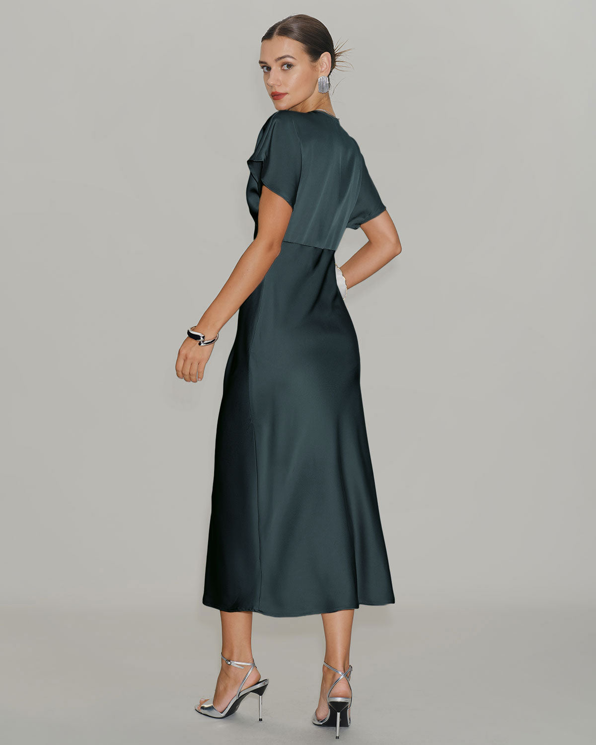 Green Satin Cowl Sleeve Midi Dress | Rihoas
