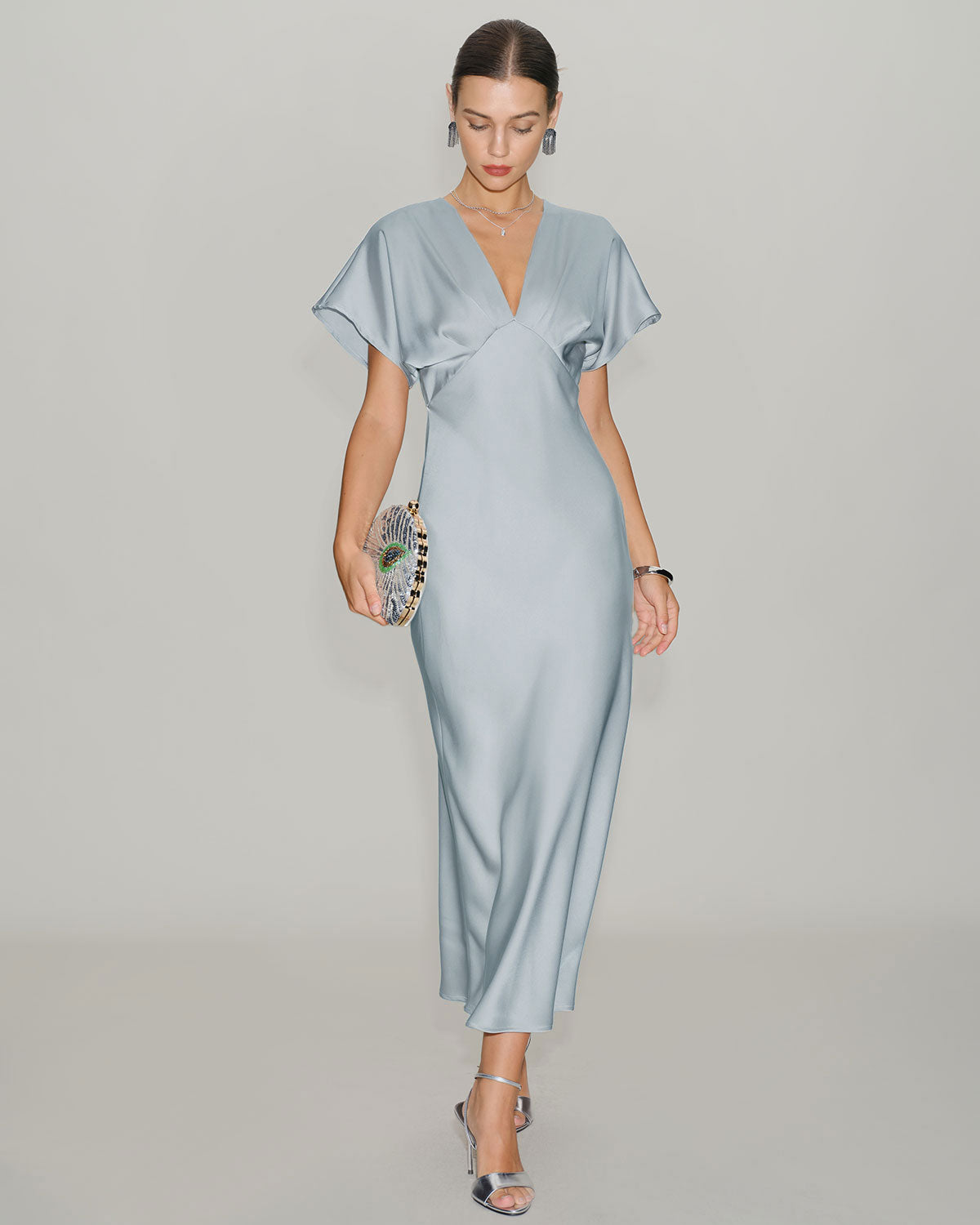 Blue V Neck Cowl Sleeve Satin Midi Dress | Rihoas