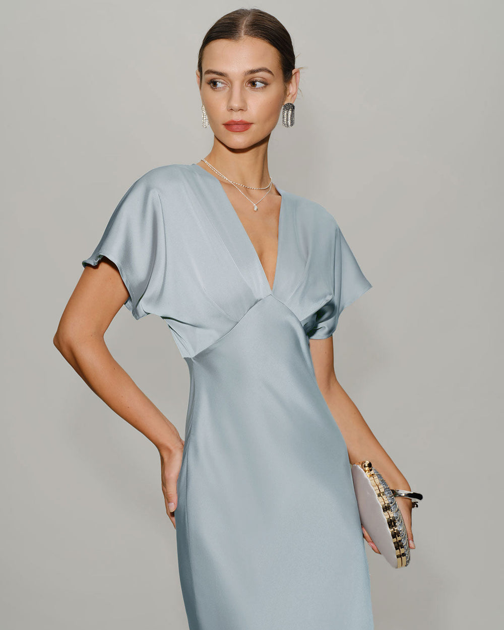Blue V Neck Cowl Sleeve Satin Midi Dress | Rihoas