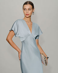 Blue V Neck Cowl Sleeve Satin Midi Dress | Rihoas