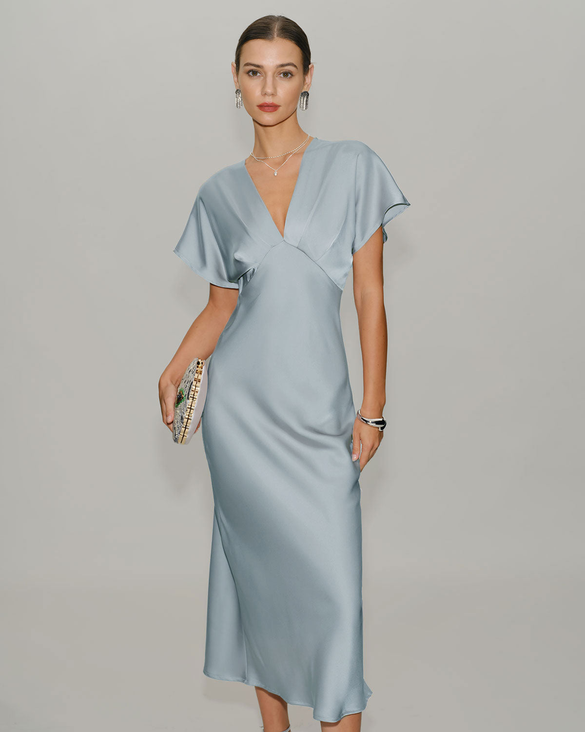 Blue V Neck Cowl Sleeve Satin Midi Dress | Rihoas