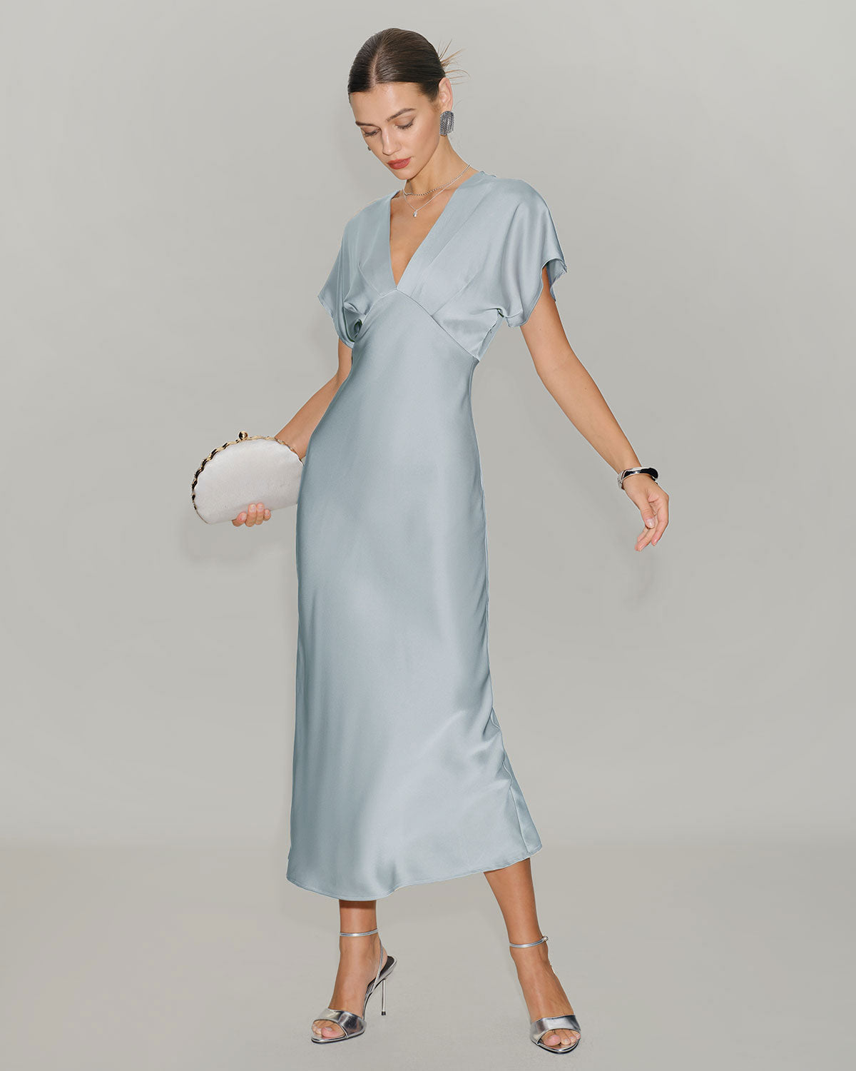 Blue V Neck Cowl Sleeve Satin Midi Dress | Rihoas