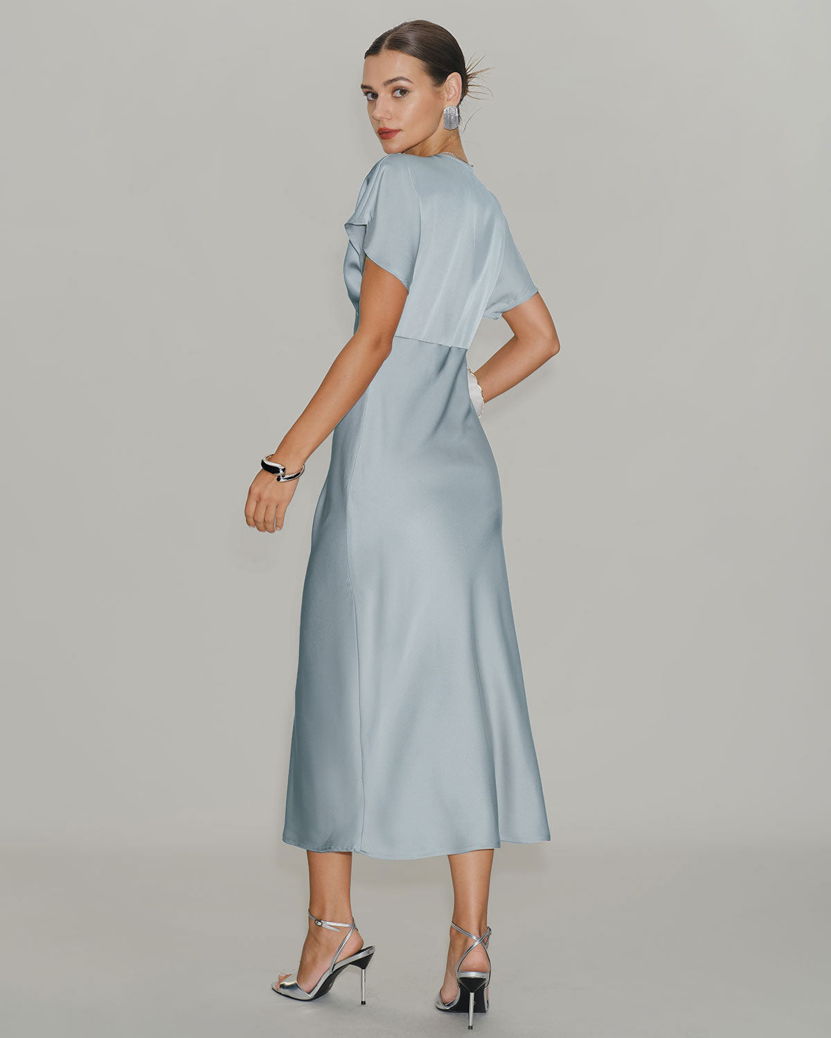 Blue V Neck Cowl Sleeve Satin Midi Dress | Rihoas