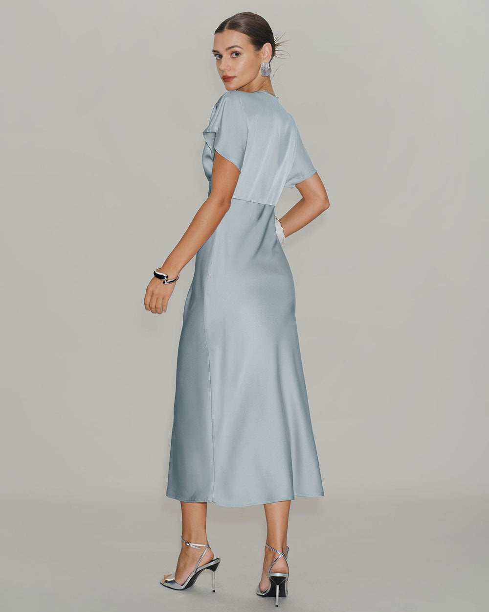 Blue V Neck Cowl Sleeve Satin Midi Dress | Rihoas