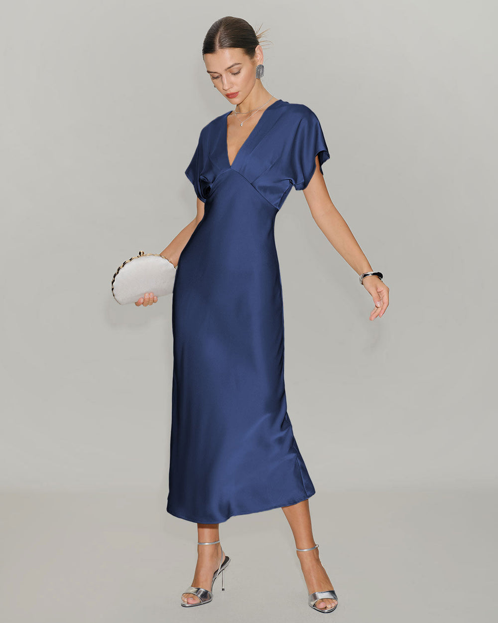 Navy Satin Cowl Sleeve Midi Dress | Rihoas