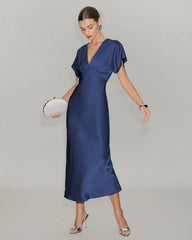 Navy Satin Cowl Sleeve Midi Dress | Rihoas