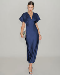 Navy Satin Cowl Sleeve Midi Dress | Rihoas