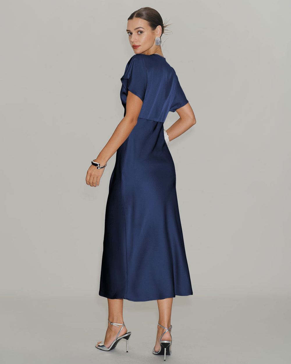 Navy Satin Cowl Sleeve Midi Dress | Rihoas