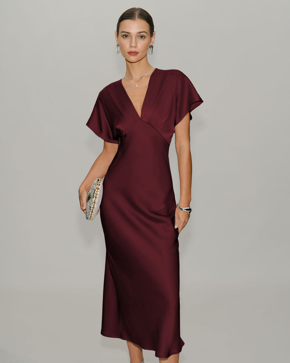 Wine Red Satin Cowl Sleeve Midi Dress | Rihoas