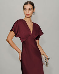 Wine Red Satin Cowl Sleeve Midi Dress | Rihoas