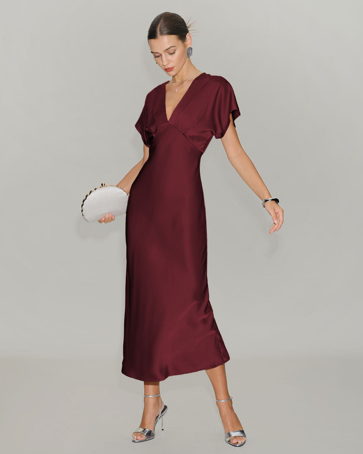 Wine Red Satin Cowl Sleeve Midi Dress | Rihoas