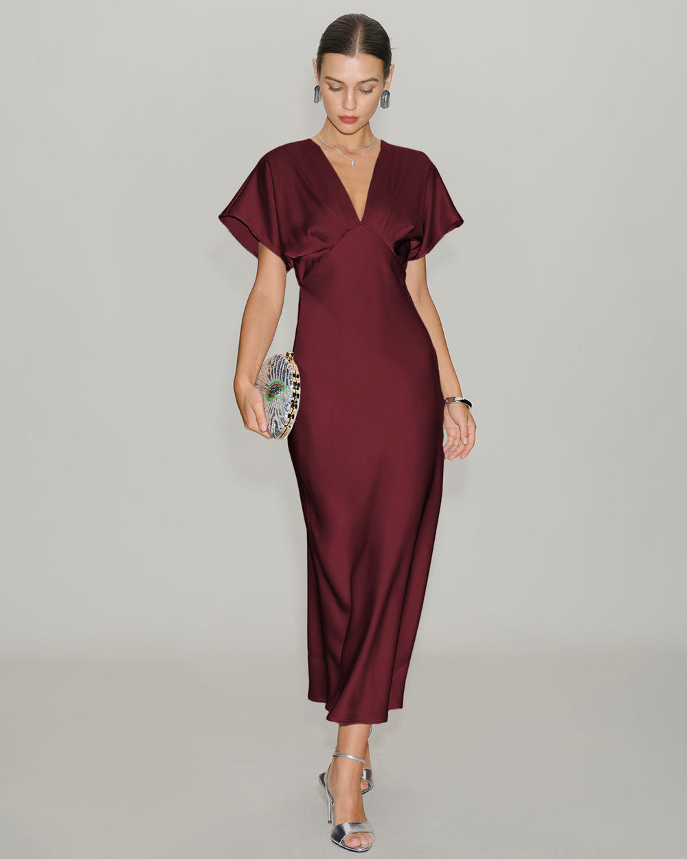 Wine Red Satin Cowl Sleeve Midi Dress | Rihoas