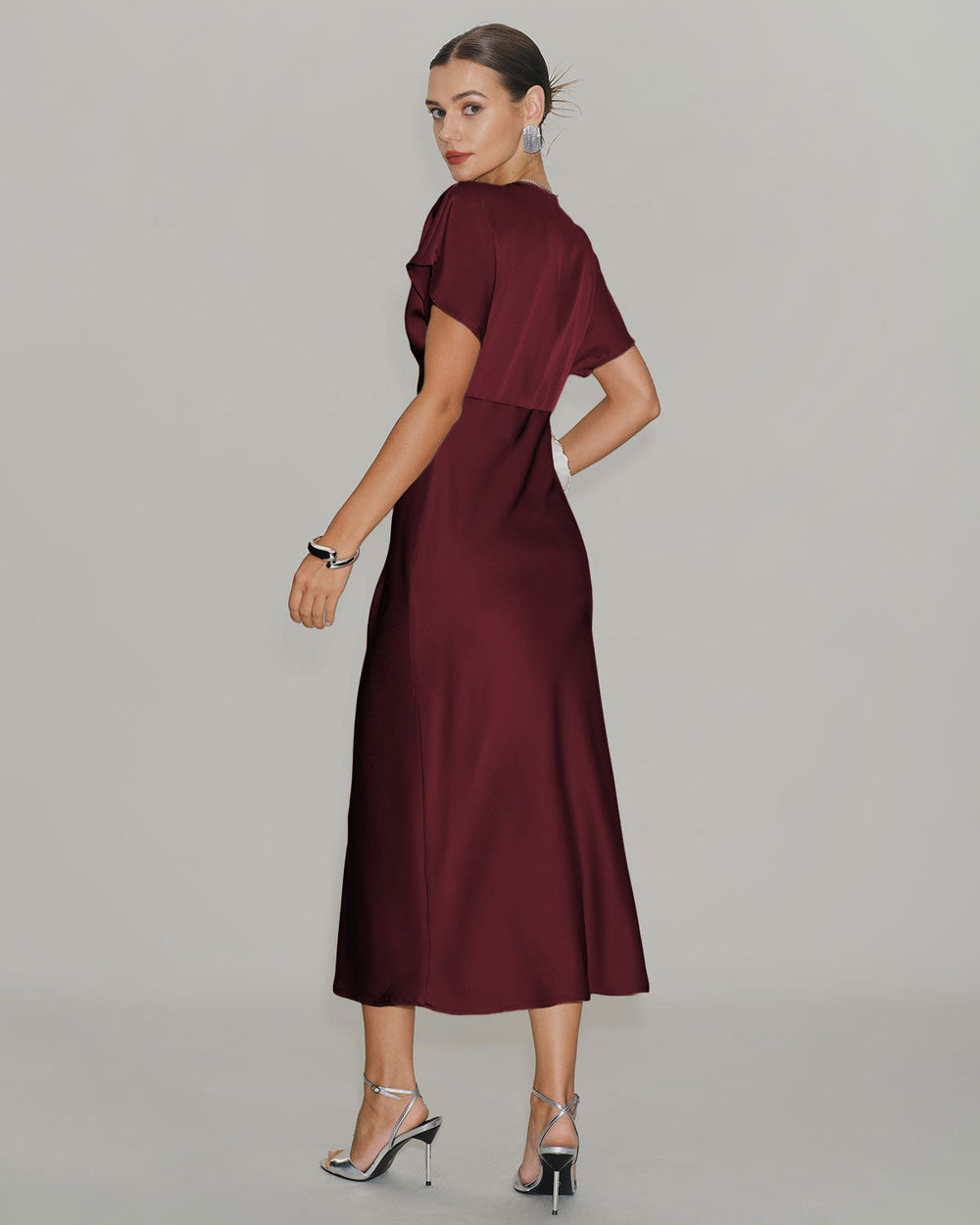 Wine Red Satin Cowl Sleeve Midi Dress | Rihoas
