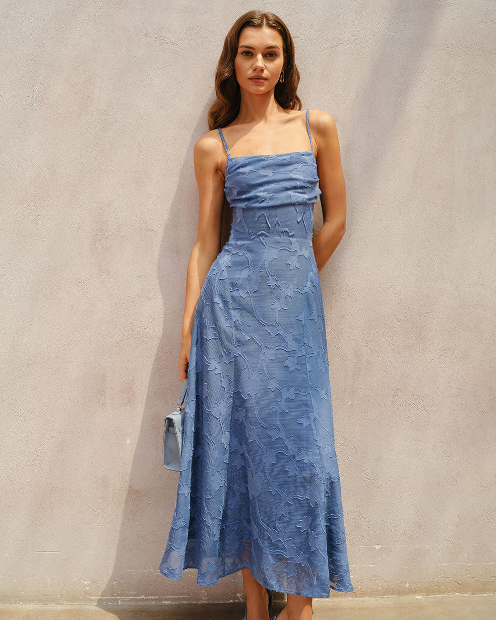 Blue Jacquard Ruched Slip Maxi Dress | Rihoas