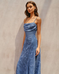 Blue Jacquard Ruched Slip Maxi Dress | Rihoas