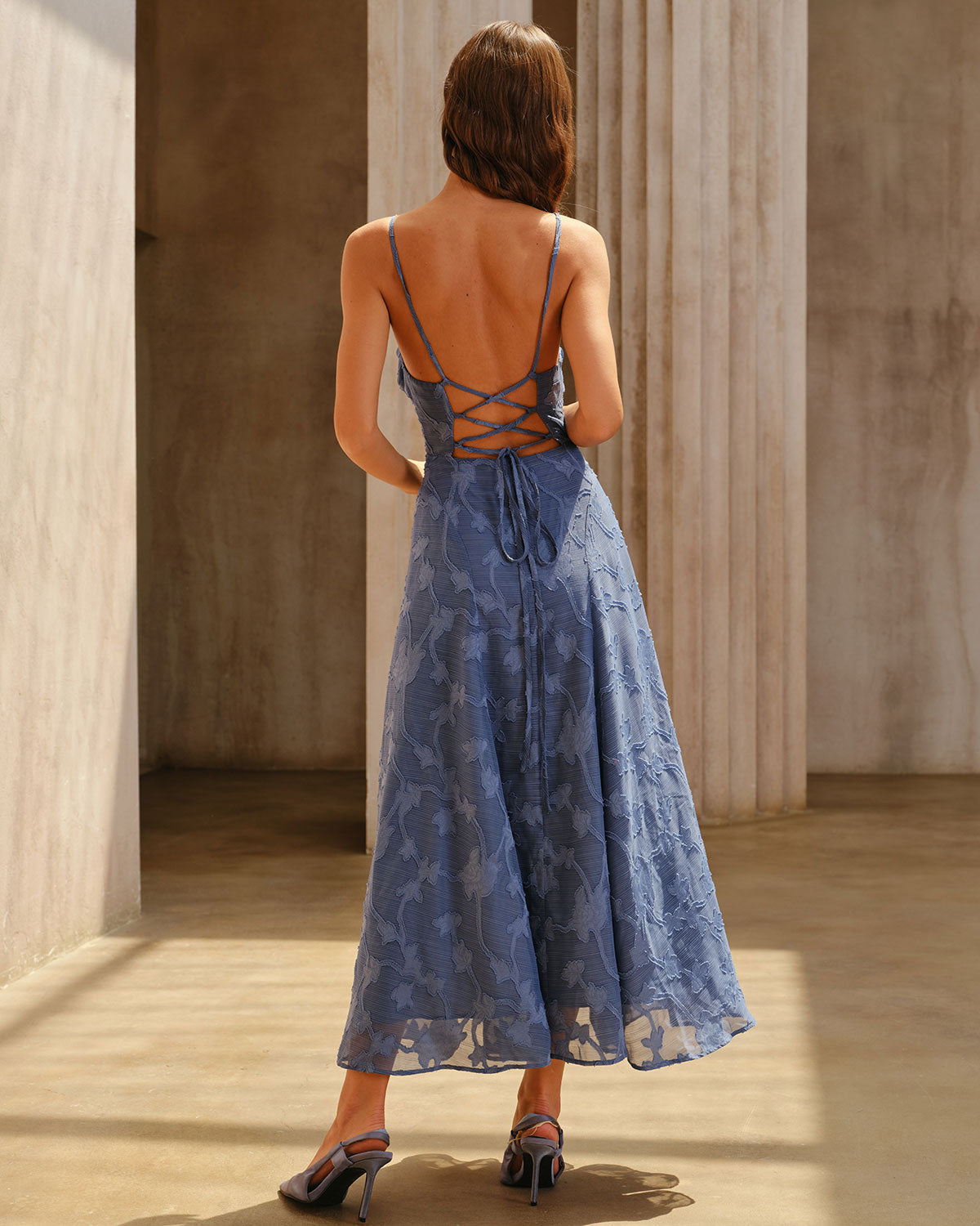 Blue Jacquard Ruched Slip Maxi Dress | Rihoas