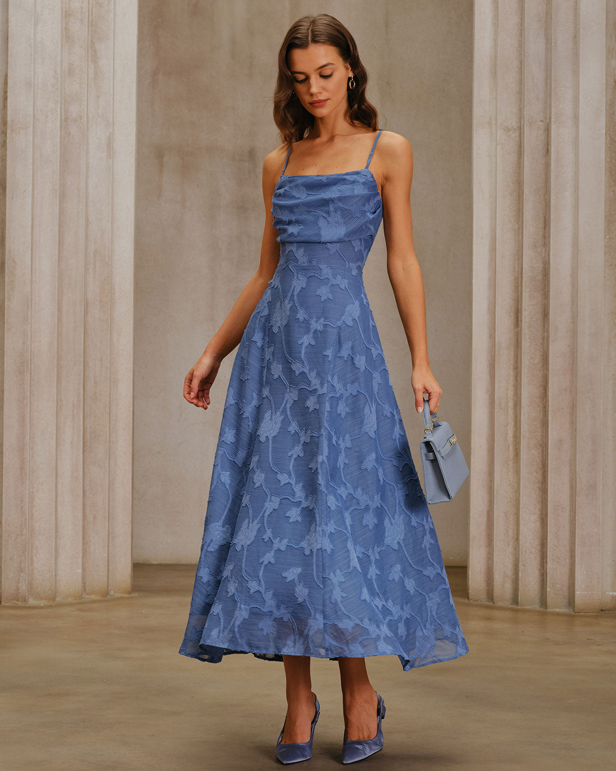 Blue Jacquard Ruched Slip Maxi Dress | Rihoas