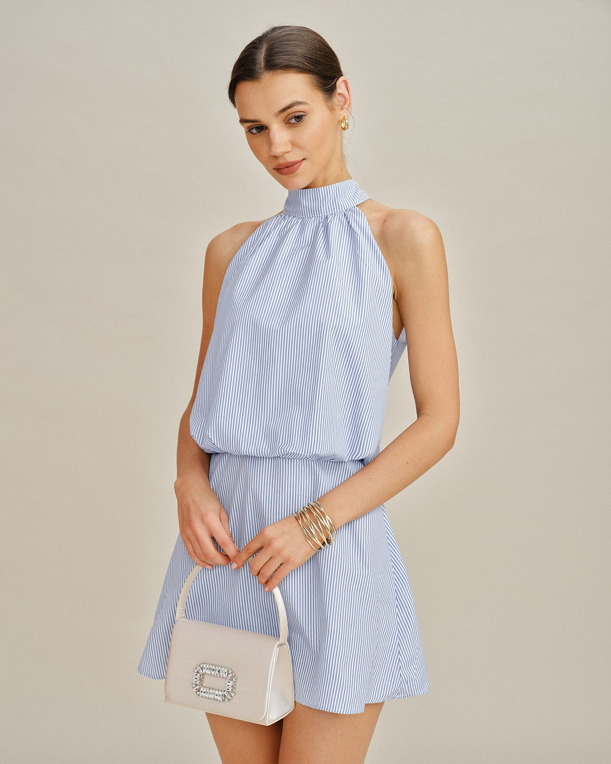 Blue Mock Neck Tie Striped Mini Dress | Rihoas