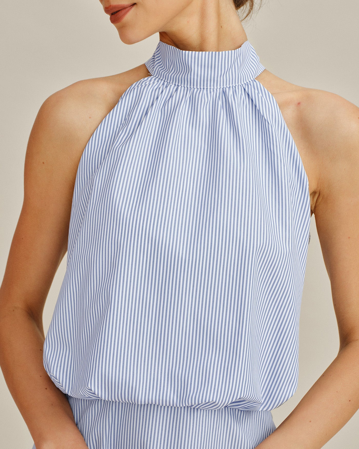 Blue Mock Neck Tie Striped Mini Dress | Rihoas